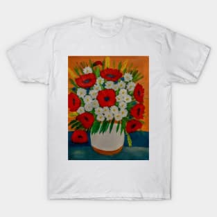 poppies that I painted with three different reds and some daisy's and long grass in white and bronze vase. T-Shirt